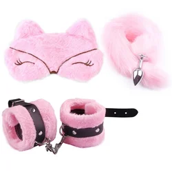 SM Handcuffs Adjustable PU Leather Plush Blindfold Masks Restraints Bondage Anal Plug Sex Toy For Women Adults Games Accessories