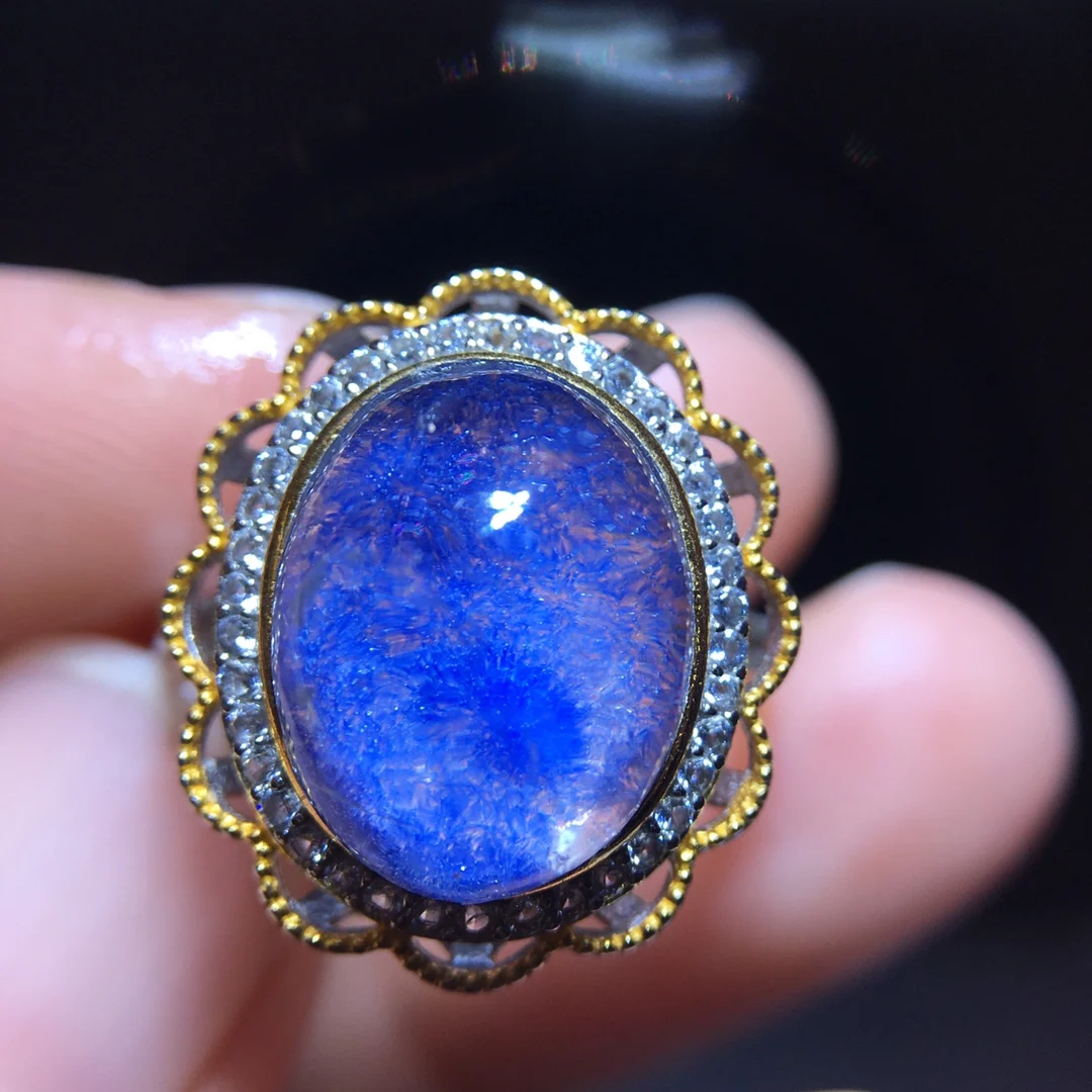 

Natural Blue Rutilated Dumortierite Quartz Adjustable Ring 12.8/10mm Dumortierite Woman Men Ring Jewelry AAAAAAA