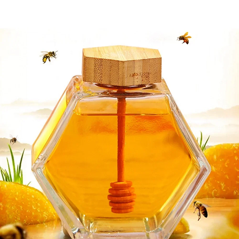 Hexagonal Glass Honey Bottle with Wooden Honey Pot Stirring Rod Sealing Clear Jam Jar Kitchen Home Storage 220ML/380ML