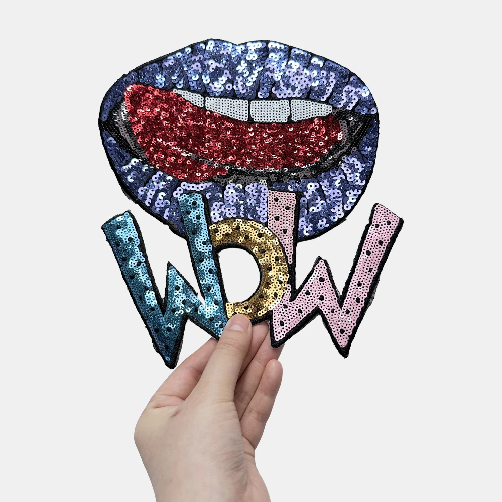 رقعة شفاه مطرزة للملابس ، لامعة أنيقة ، مكواة على رقعة ، إكسسوارات تزيين ذاتية الصنع ، لاصقة خلفية ، 23x21 سم ، 1: