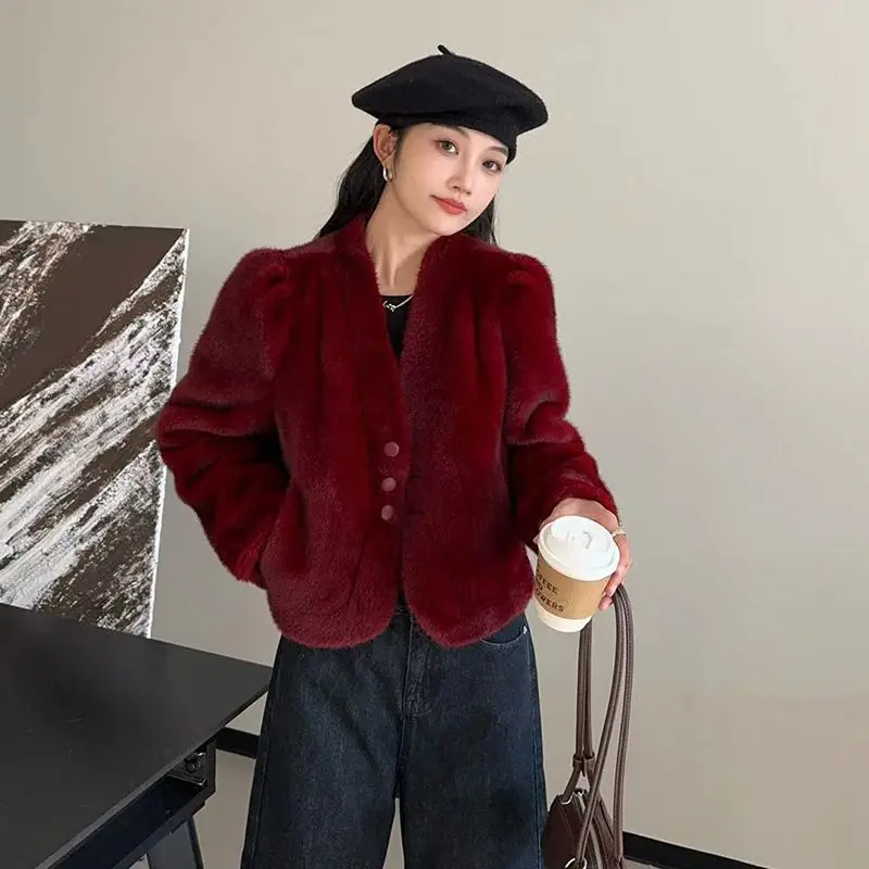 

Женское осенне-зимнее пальто из искусственного меха с v-образным вырезом на одной пуговице, топ