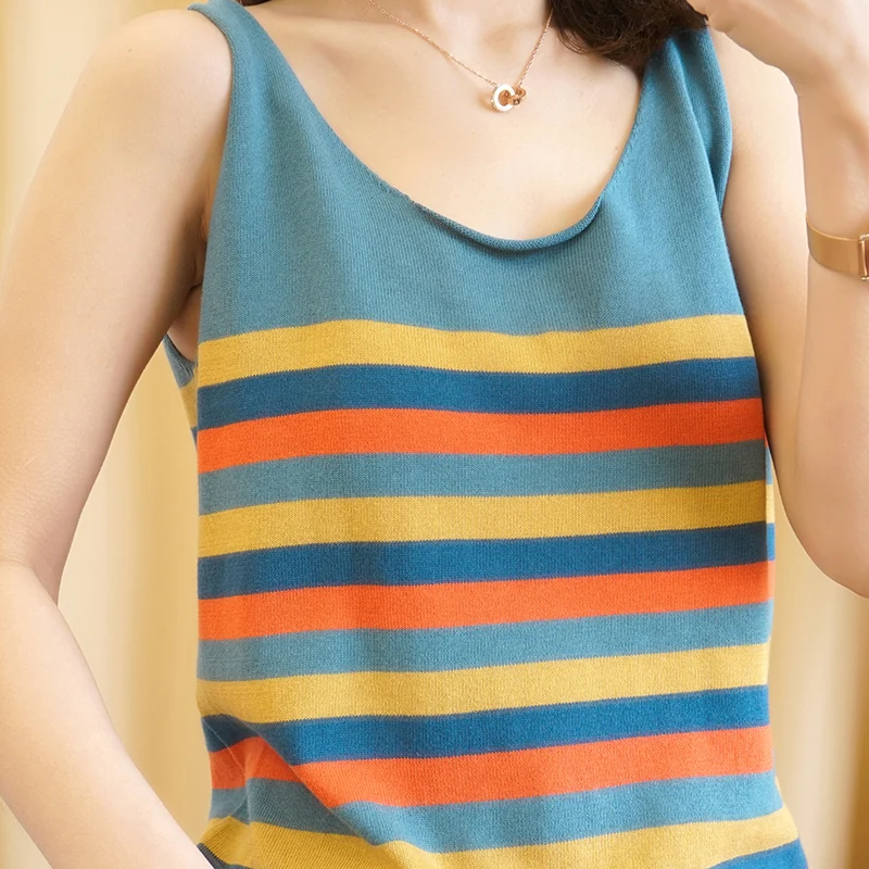 

Cotton Knitted Striped Women Tank Tops Summer New 2024 V-Neck Slim Elastic Casual Female Pulls Outwear Tops Tees