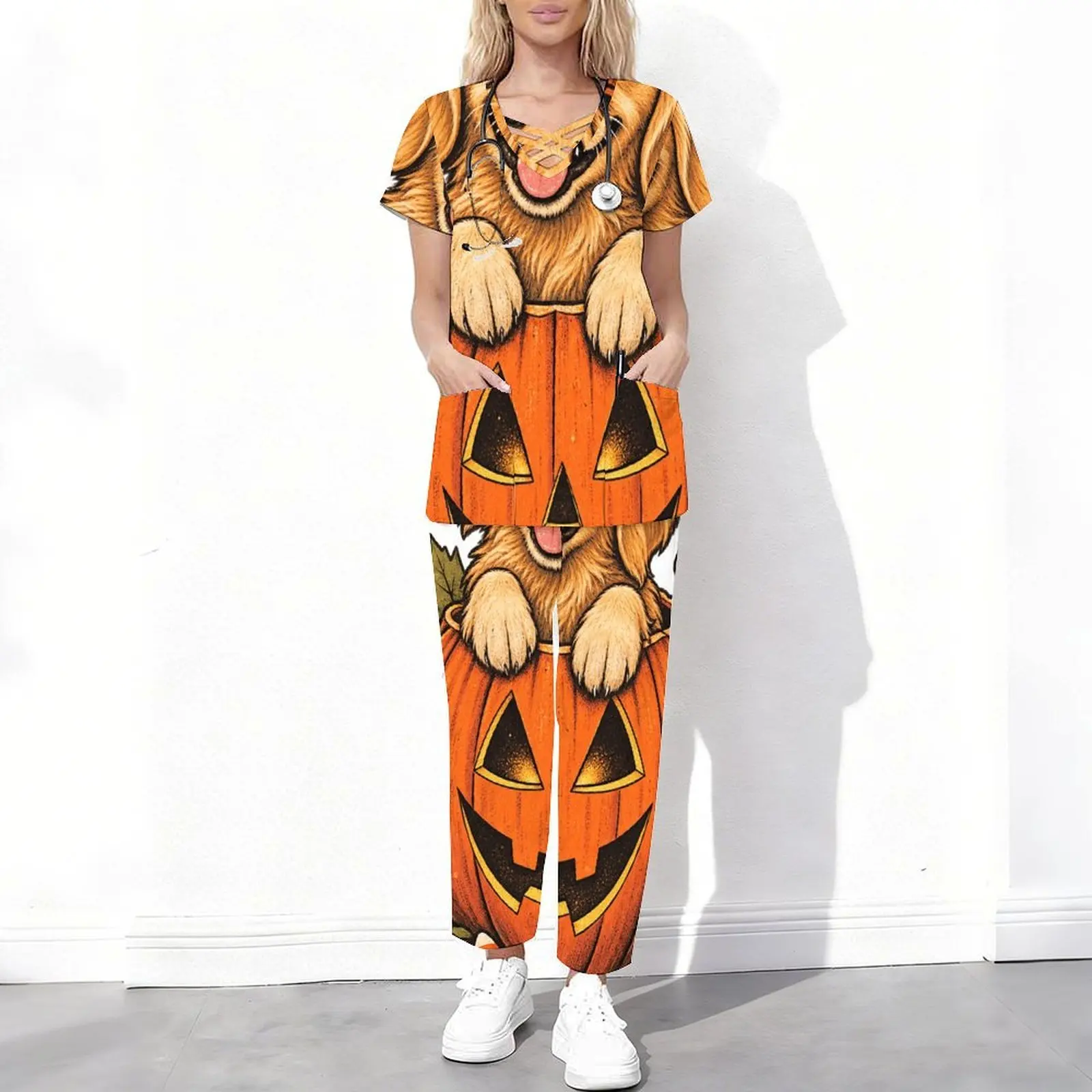 Women Printed Wizard Raccoon Pumpkin Short Sleeve Cutout Neck Scrub Set With Pockets Long Pants 2 Piece Outfit