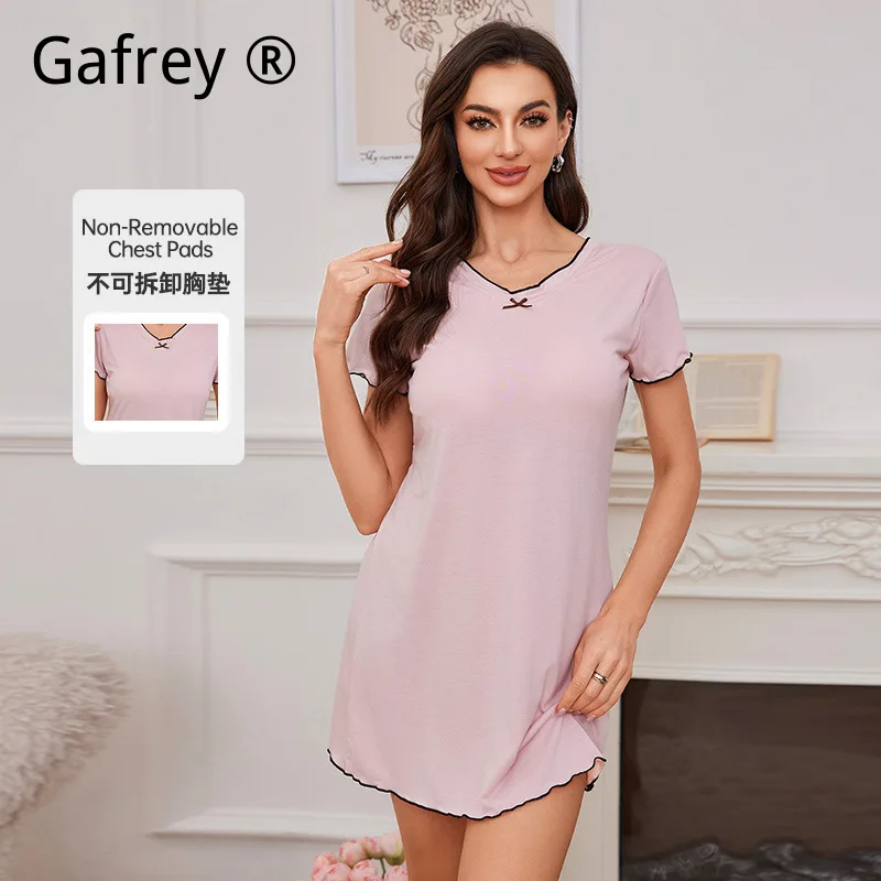 

Женское однотонное платье для сна с V-образным вырезом и встроенными чашечками бюстгальтера, сексуальная ночная сорочка миди с коротким рукавом, повседневное домашнее платье с защитой от просвечивания