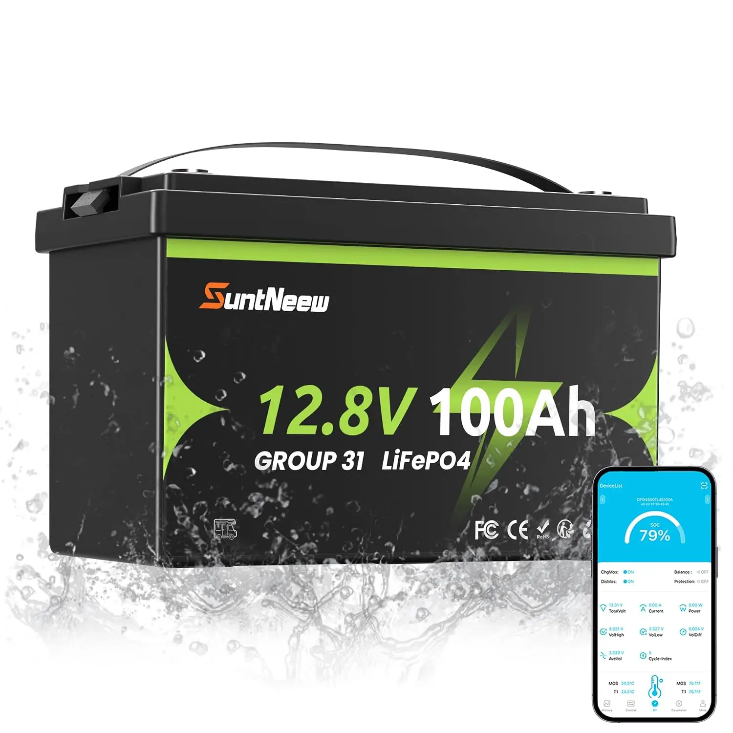 12V 100Ah LiFePO4 Battery Bluetooth 15000+ Deep Cycles, Customized