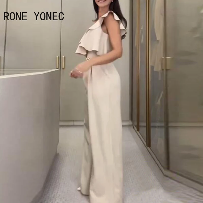 Mono elegante con volantes de un hombro para mujer, decoración con cinturones de Metal, pierna recta, Formal