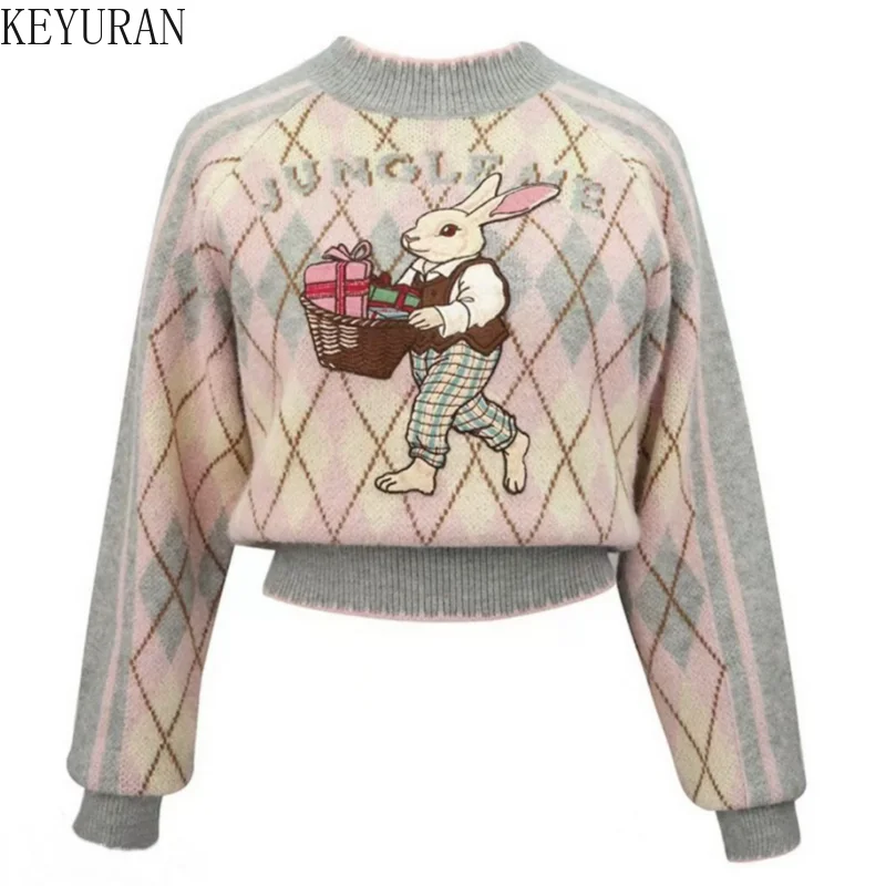

Новинка весны 2024, вязаный свитер с мультяшной вышивкой, женский элегантный стильный винтажный шикарный пуловер с длинными рукавами, трикотажные топы, джемперы