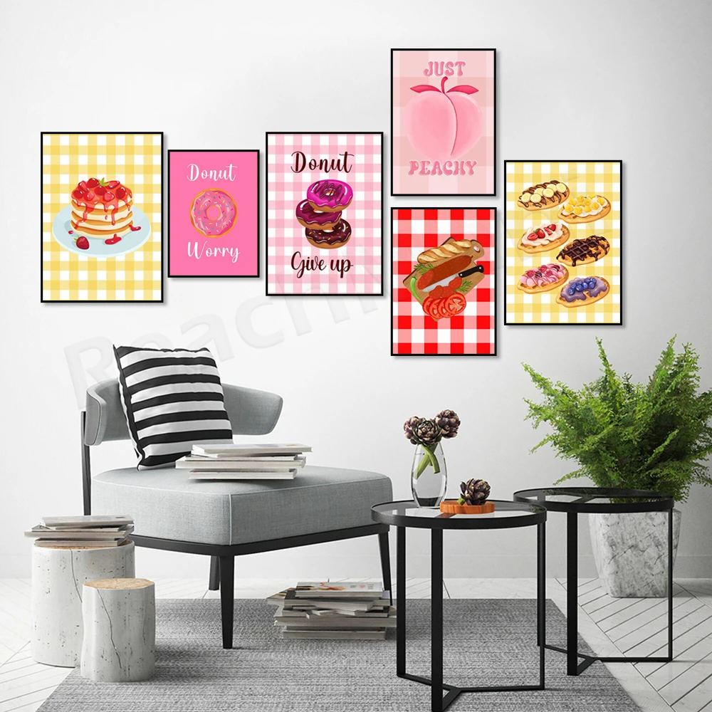 Aesthetic print, pink peach, cake, strawberry, avocado toast, salami fillet knife, donut, pancake, plaid image, kitchen poster