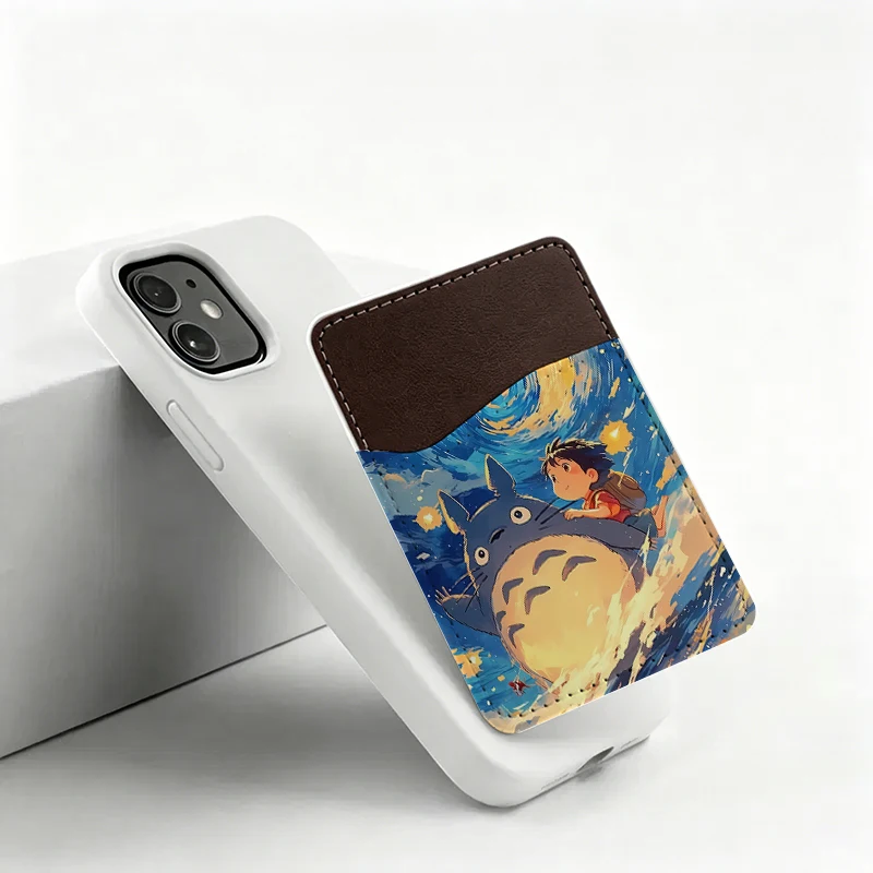 My Neighbor Totoro Leather Stick-On Phone Card Sleeves Anime Print Cell Phone Back Pockets for Cards Outside Protable Card Pack