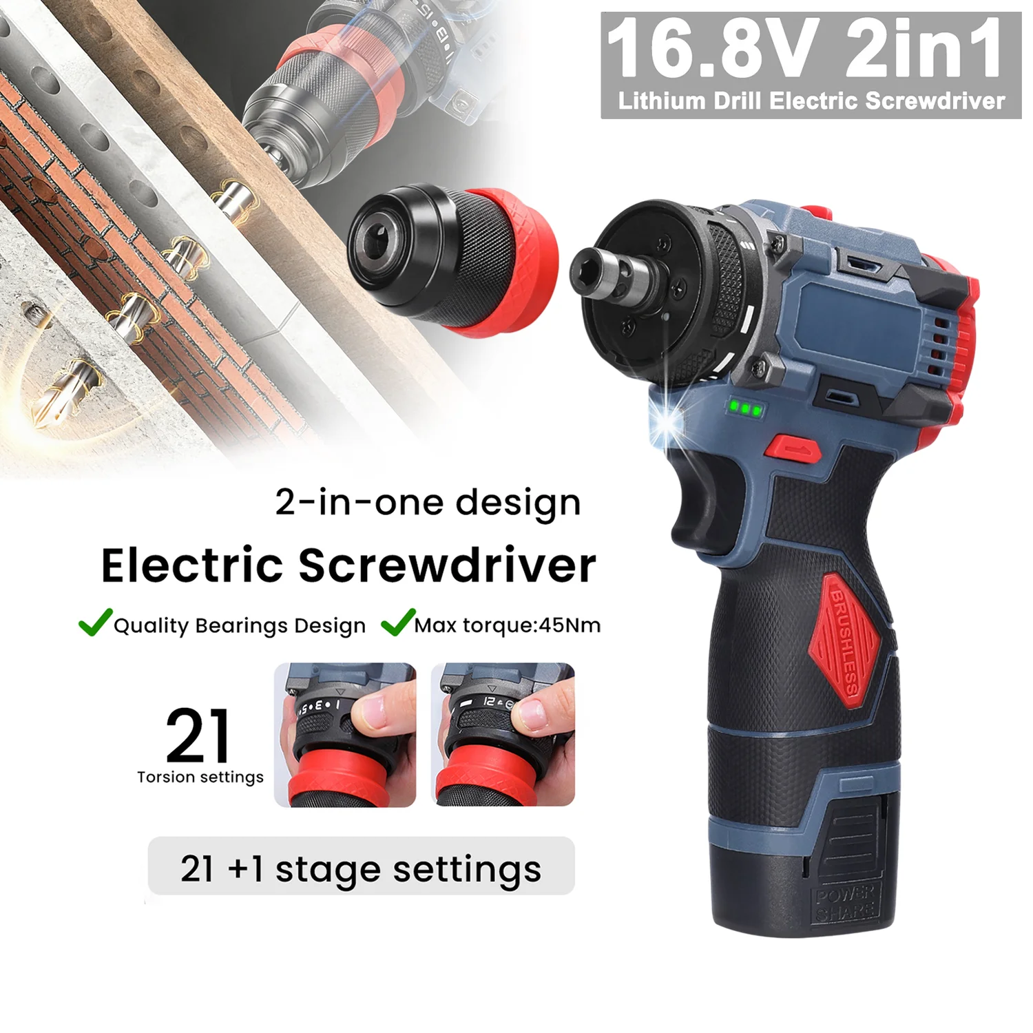 Bezszczotkowy wiertarko-wkrętarka akumulatorowa 16,8V, maksymalny moment obrotowy 45Nm, wiertarko-wkrętarka elektryczna 2-w-1 z 2 akumulatorami 1300mAh, 21+1 trybów sprzęgania do drewna, metalu i