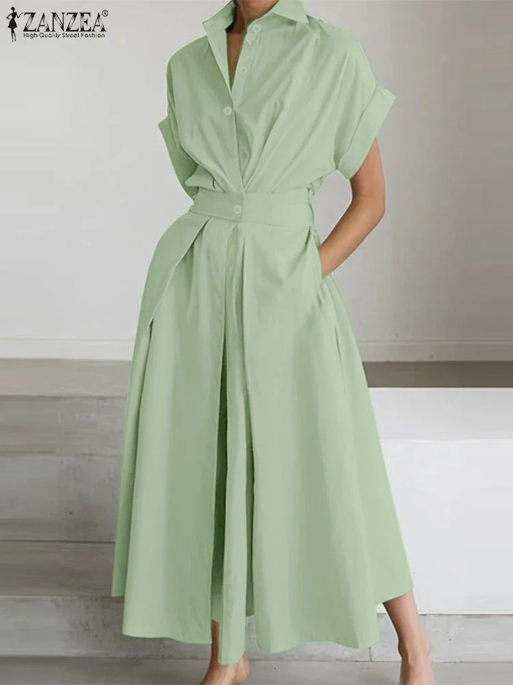 ZANZEA Women Fashion Long Shirt Dress 2025 Elegant High Waisted Short Sleeve Collared Maxi Dresses Solid Color Streetwear S-3XL - Image 4