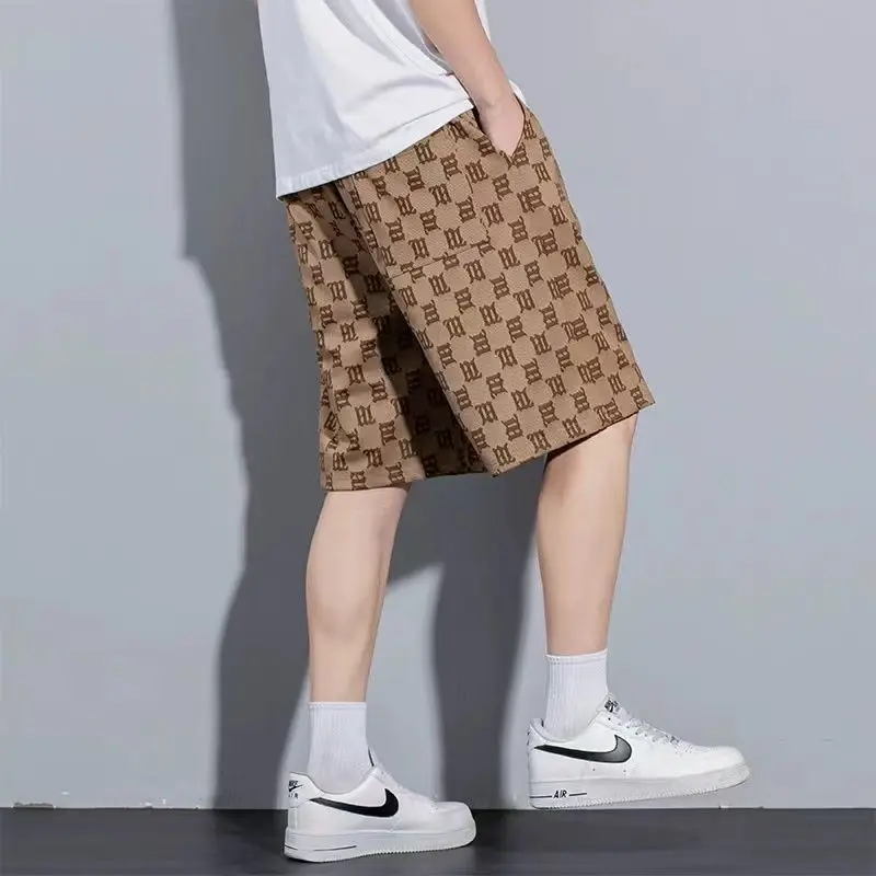 Elastic High Waisted Pockets Men\'s Clothing Geometric Printing Drawstring Summer Knee Pants Preppy Style Vacation Punk Shorts