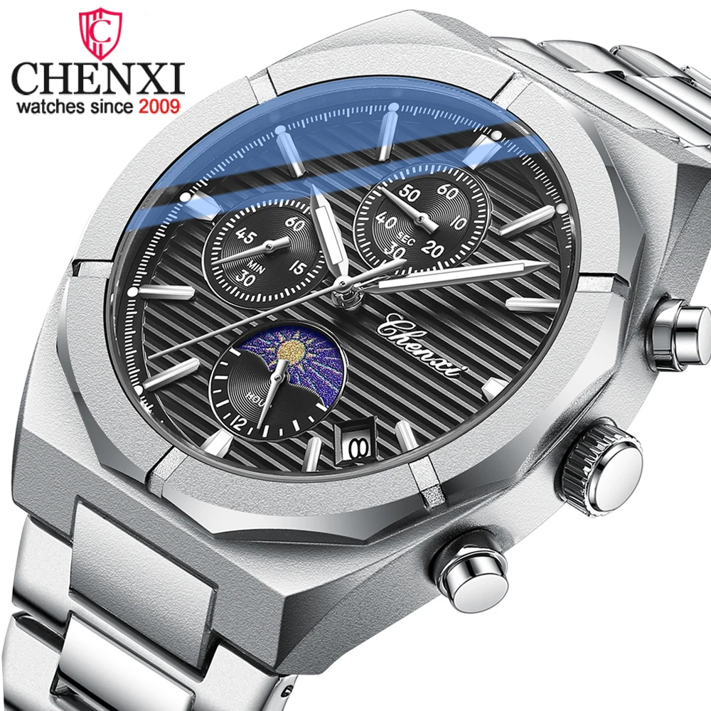 Fashion Chenxi Quartz Chronograph Full Stainless Steel Waterproof Luminous Calendar Man Moon Phase Comfortable Business Watches