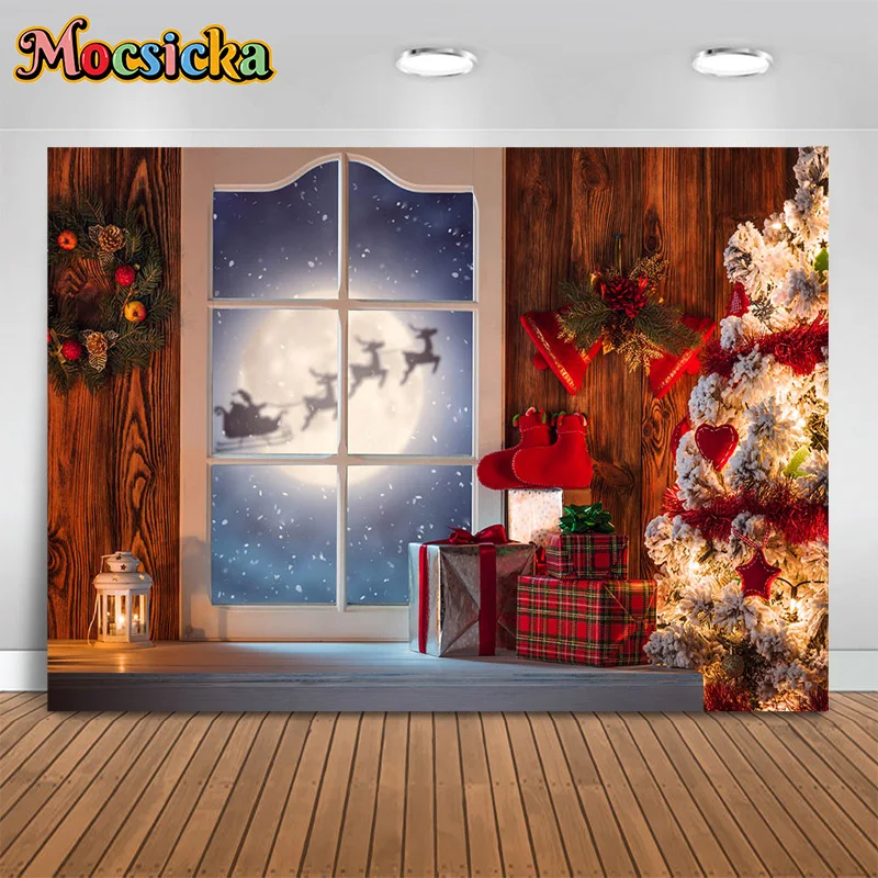 

Mocsicka Photography Backgrounds Christmas Tree Window View Santa Claus Giving Gifts Happy New Year Kids Photo Backdrop Banner