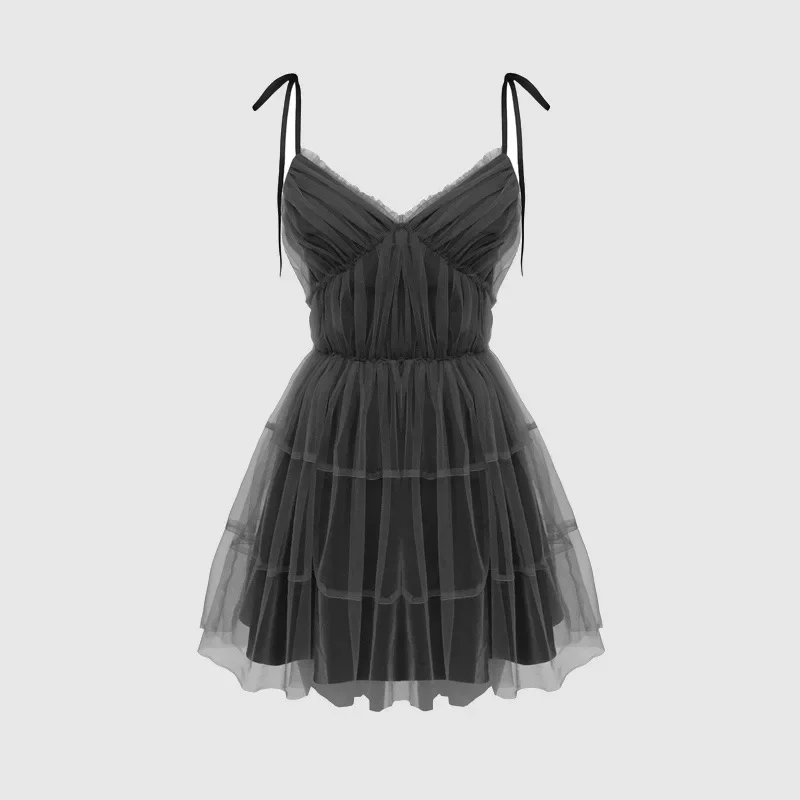 

2023 Women Summer Sexy Dark Gray Tulle Spaghetti Strap Fairy Dress Female Sleevess Solid Color Y2k Dresses Korean Temperament