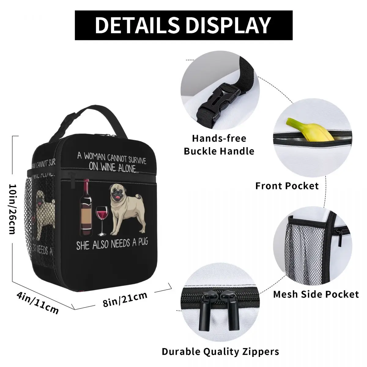 Pug Wine Funny Dog Resuable Lunch Box Multifunction Pet Puppy Lover Thermal Cooler Food Insulated Lunch Bag Kids School Children