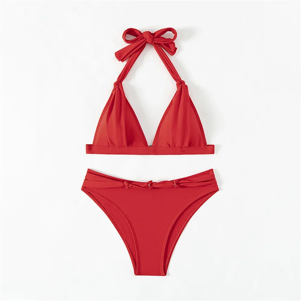 

Sexy Backless Knotted Bikini Halter Bandage Red Swimsuit Push Up Vacation Swimwears Women Bathing Suit Beach Outfit Bikinis Sets