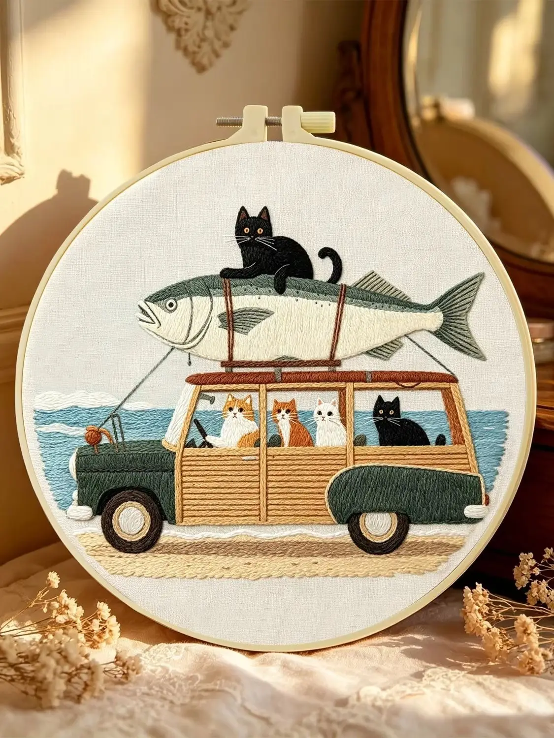 1 Set Auto-Dach Fisch-Katze-Stickerei-Set für Anfänger, DIY-Stickerei-Starter-Kit, Kreuzstich-Kunstgeschenk, Handarbeits-Bastelset – Detail 1