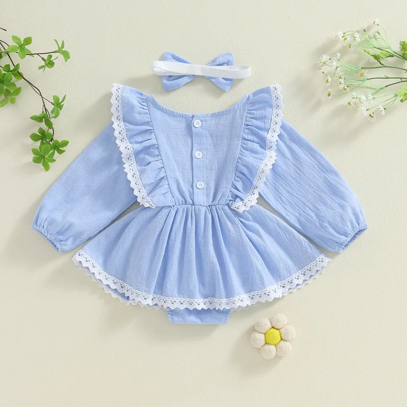 Newborn Baby Girls Fall Bodysuit Dress Lace Trim Long Sleeve Round Neck Jumpsuit with Bow Headband