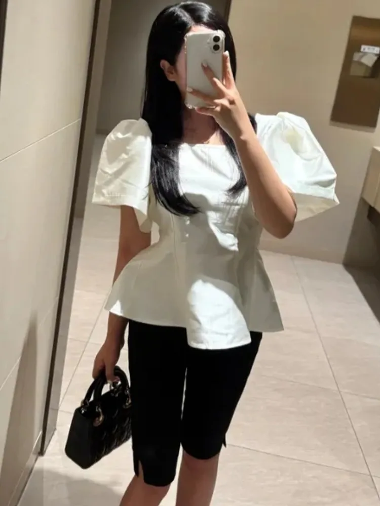 

Ele Silk Bubble Sve irt, женский однотонный облегающий летний новый Sle, модный топ в стиле ретро, универсальный, с застежкой на талии