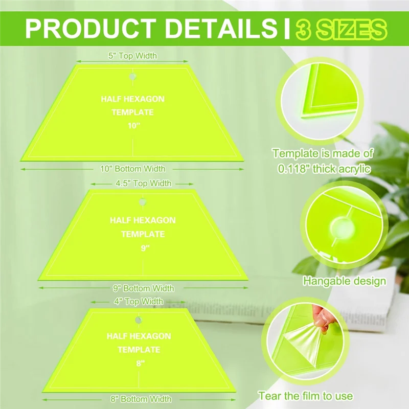 ABLU-6Pcs Half Hexagon Quilting Template Acrylic Quilting Template Ruler 8 9 10 Inch Quilt Rulers For Quilting