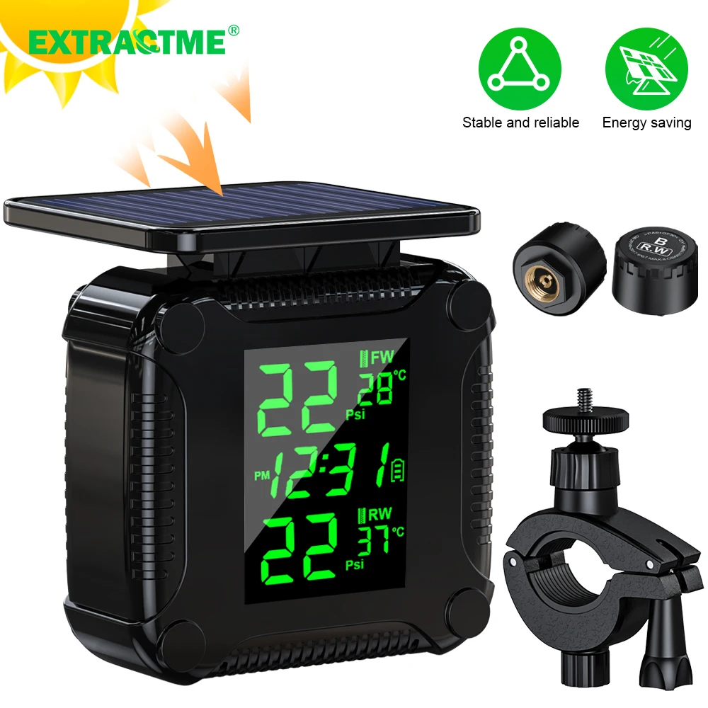 Extractme TPMS Motorcycle Tire Pressure Monitoring System LCD Display Solar Charging Waterproof Tyre Temperature Alarm Sensor