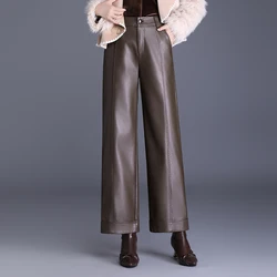 ZUZK Winter Pu Leather Pants New Elastic Waist Straight Pants PU Leather Trousers Large Size Fashion Warm Long Pants