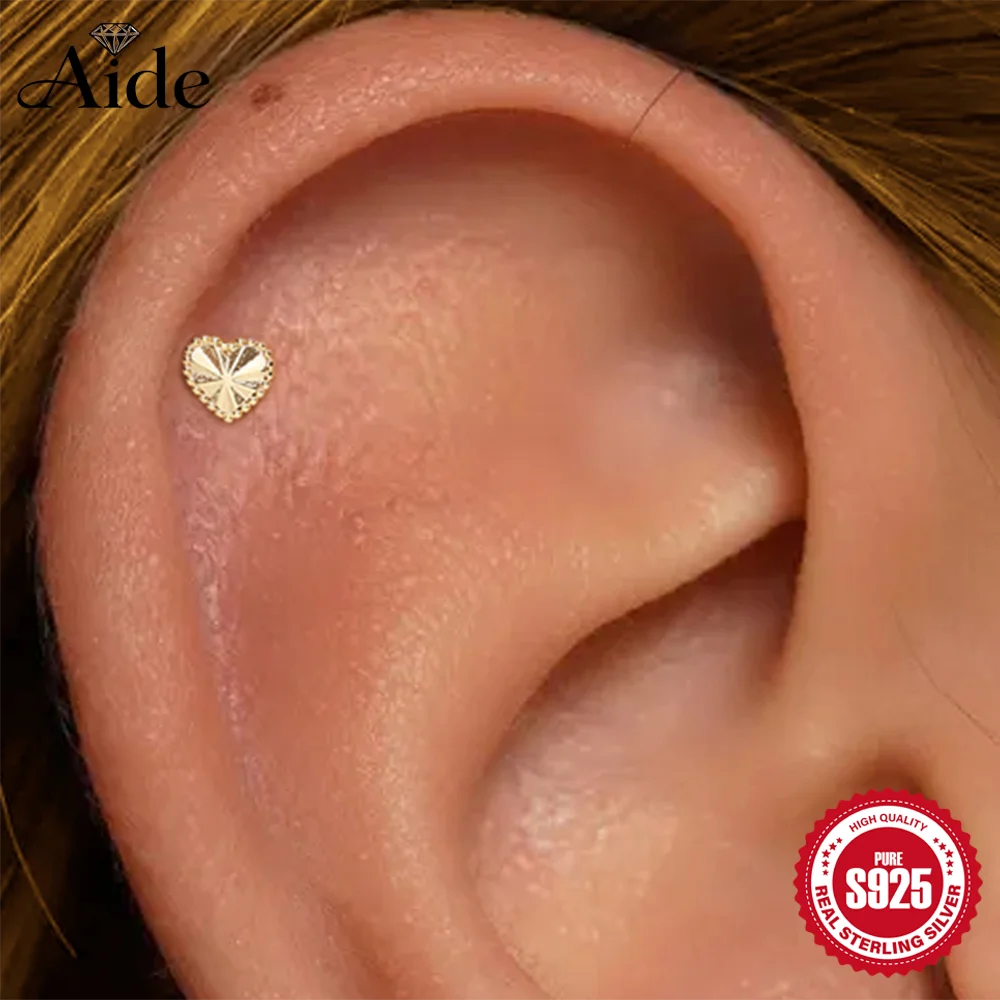AIDE 1pc 925 Sterling Silver Classic Glossy Heart For Women Cartilage Helix Threaded Piercing Fine Jewelry Daily Wear Gifts