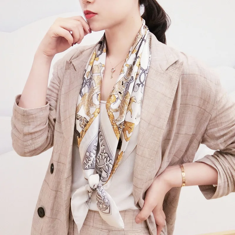 

90×90cm 100% Mulberry Silk Satin Scarf For Women Luxury Brand Square Size Breathable Digital Print Thin Shawls In Spring Autumn