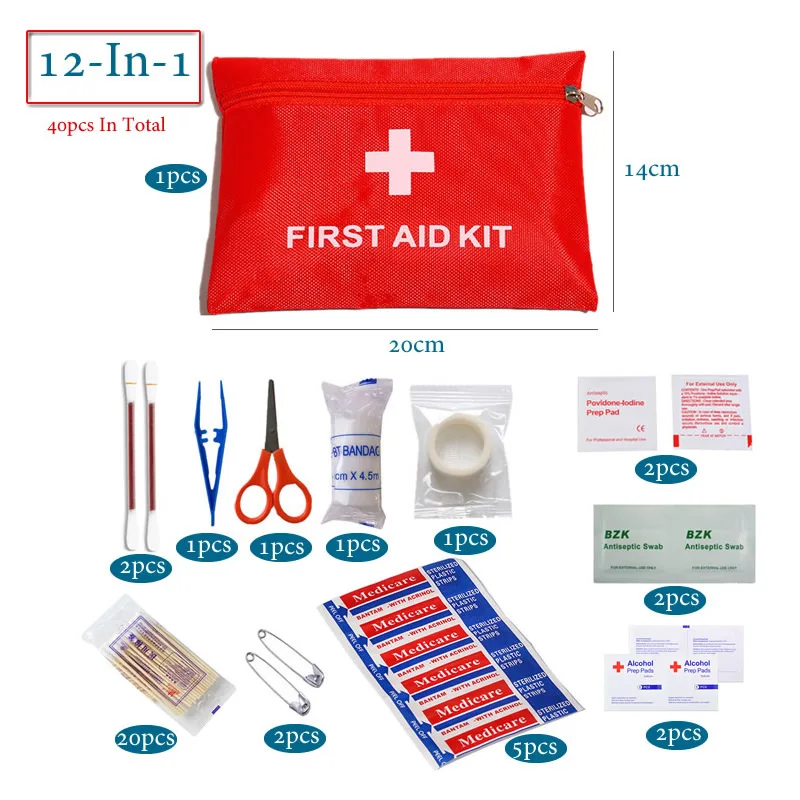 Juego de 40 Uds. De botiquín de primeros auxilios portátil 12 en 1, botiquín de emergencia para coche rojo, accesorios para viaje en casa, tratamiento médico de emergencia al aire libre