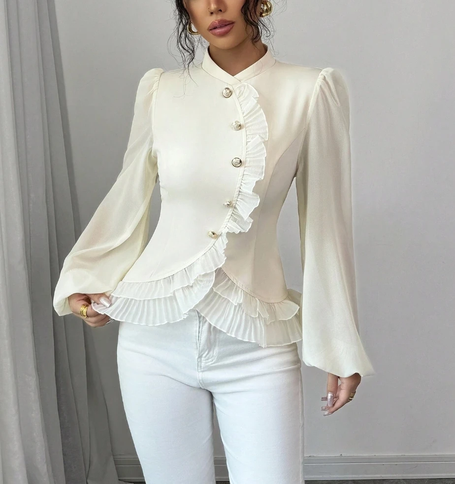 

Women's Blouse White Long Sleeve Ruffled Trim Buttons Slim Fit Spring Summer Elegant Vintage Daily Party Dating Top