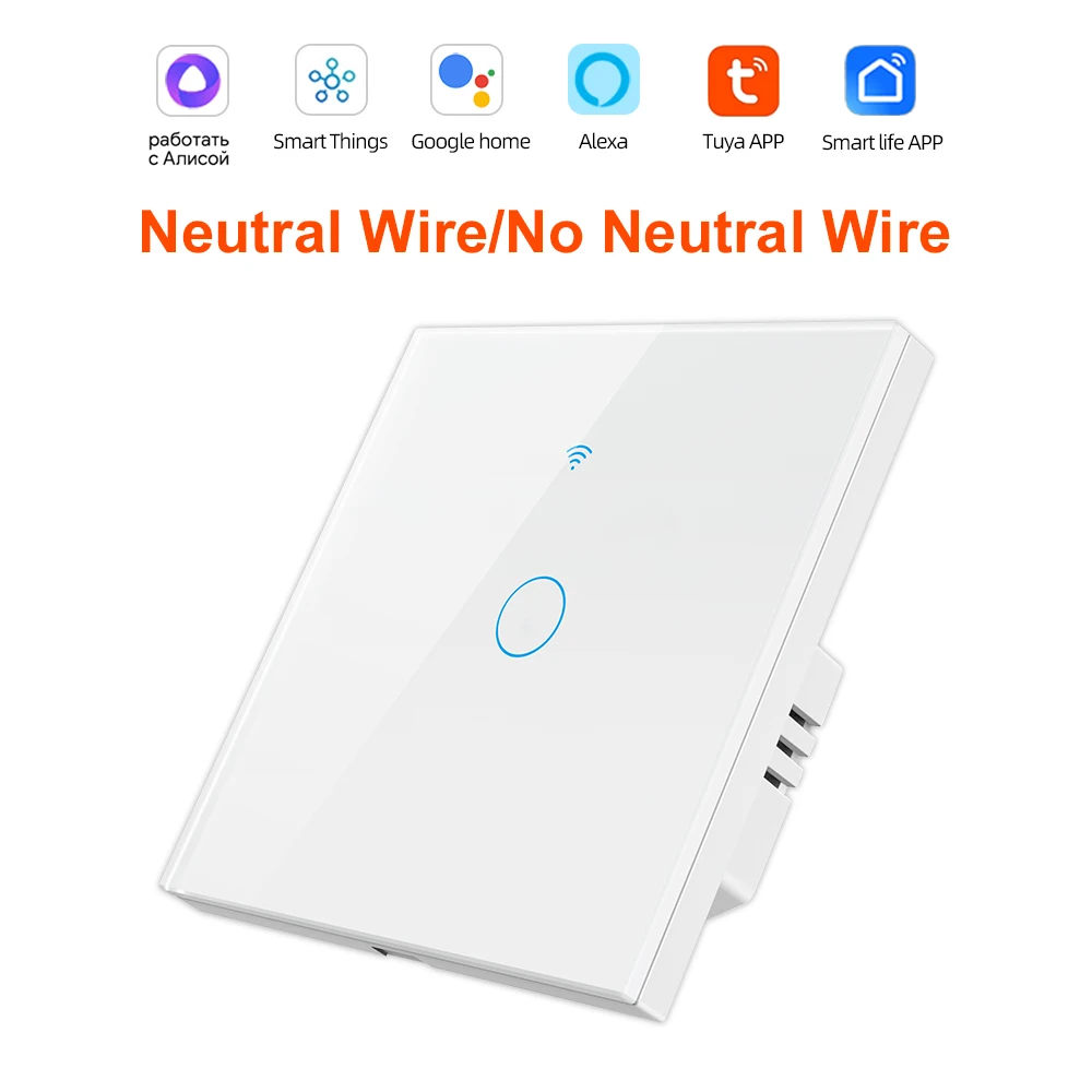 Tuya Smart Wifi Lichtschakelaar Geen Neutrale Draad Touch Panel EU 1/2/3 Gang Wandschakelaar Draadloze bediening Spraakbesturing Alexa Google