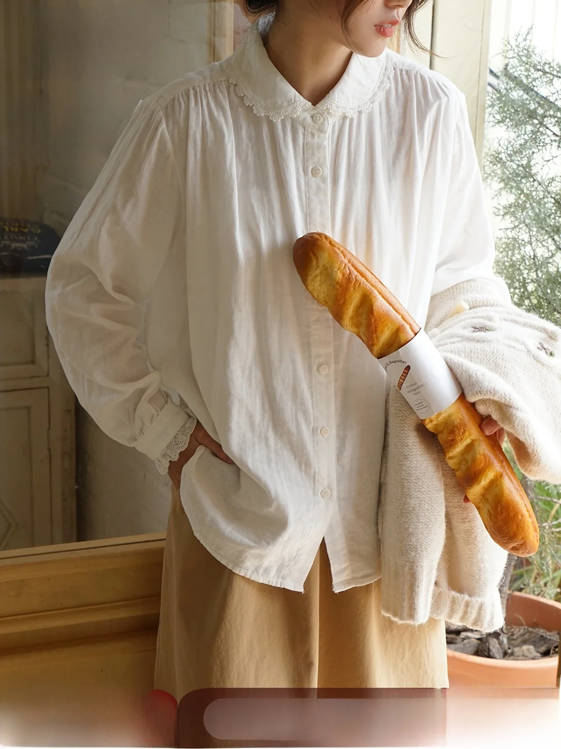 

Женская длинная хлопковая повседневная свободная посадка с воротником irt с художественной кружевной отделкой, однотонный дизайн Ne Design