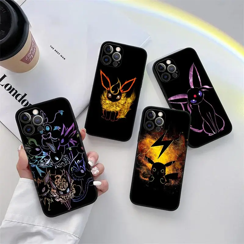 

Black Pokemon Anime Phone Case for iPhone 11 15 Pro Max Case Coque 14 Plus 13 Pro 12 Mini 11 X XS XR 7 8 SE 2020 TPU Soft Cover