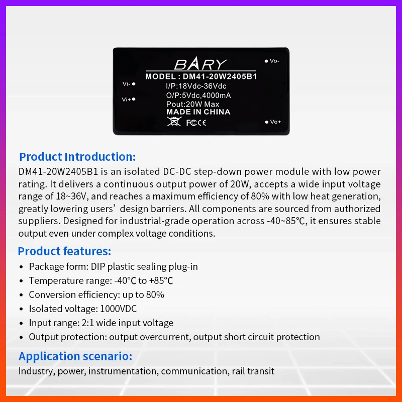 Isolated DC‑DC Buck Power Module 18‑36V to 5V 4A 20W 1000V Isolation Short‑circuit Overcurrent Protection Industrial Grade Power