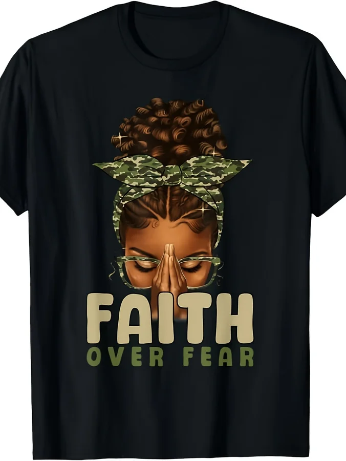 Faith Over Fear Christian Camo African American Afro Women T-ShirtBlack Same Style for Men and Women 2026 Summer Short-sleeved
