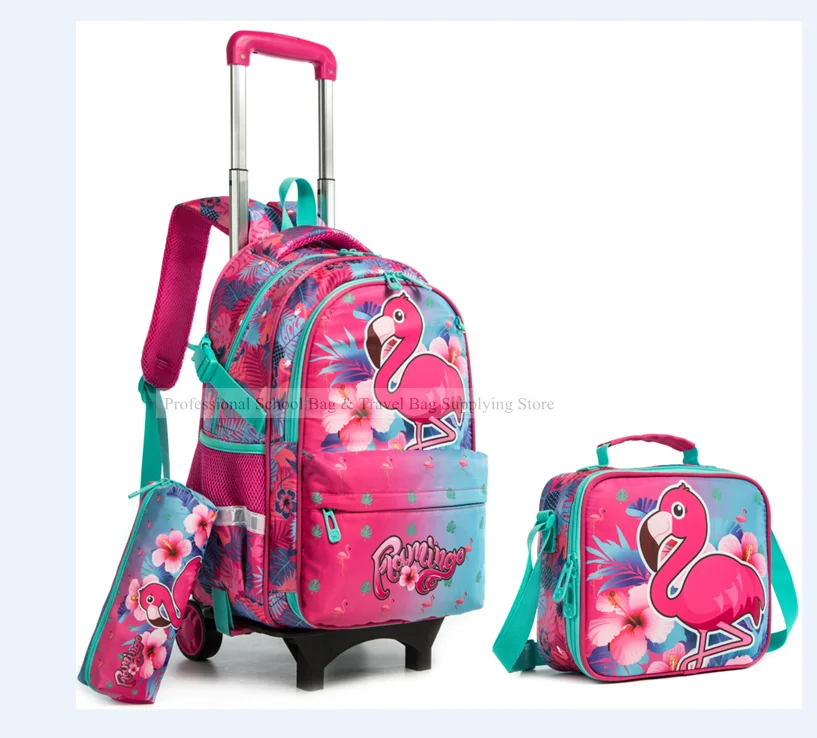 Children Rolling backpack school wheeled backpack girls School Rolling Bag Wheels Kids School Trolley bags lunch bag pen bag set