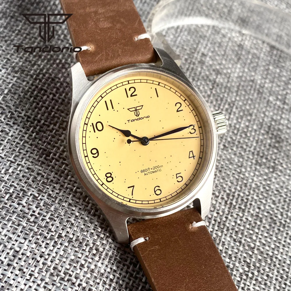 Tandorio Vintage Simple 39mm 20BAR Dive Automatik Herren Fliegeruhr Mechanisch NH35A PT5000 Gelbes Zifferblatt Saphirglas Leder