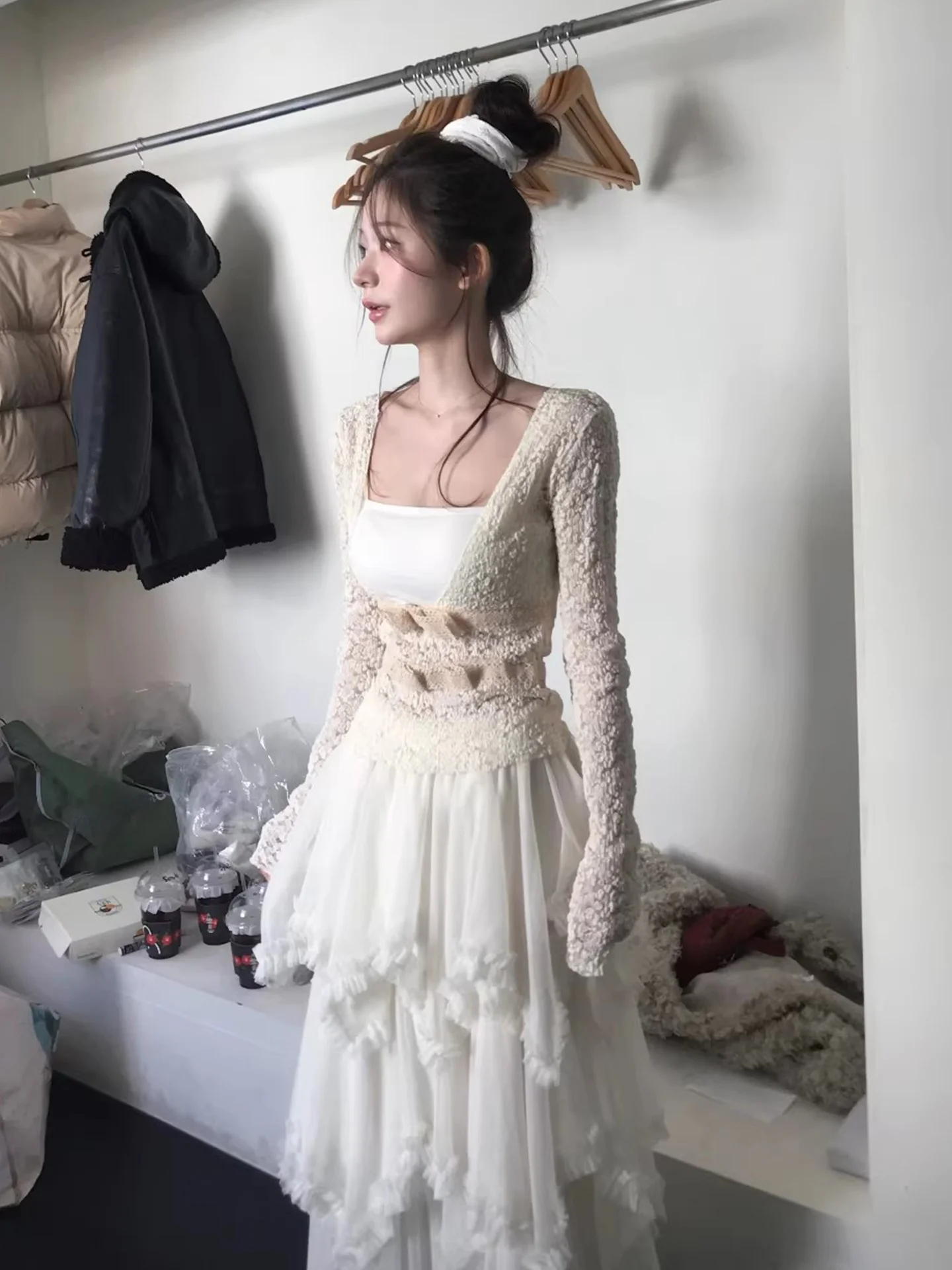 

Faionable Lace Bal Waist-Cinching Women's Set High Waist Skirt Two-Piece Suit Spring Commute Sle Casual Wear