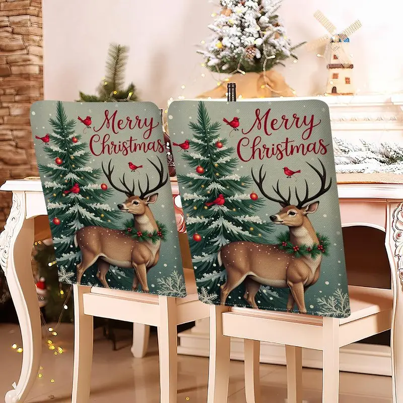 VIKAMA Holiday Chair Cover Elk Red Bird Xmas Tree Merry Christmas Element Dining Chair Cover For Xmas Party Home Decor