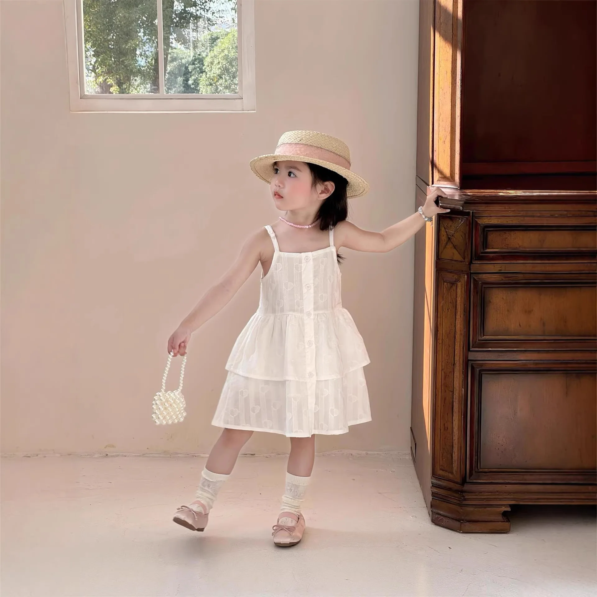 

Girls Dress 2026 Spring Summer Korean Style Temperament Love Jacquard Double-layer Ruffle Edge Suspender Skirt Casual Fashion