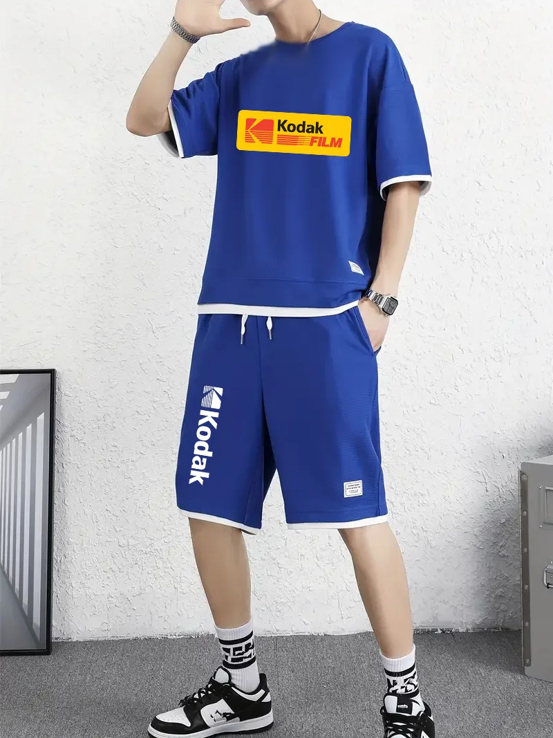 

Kodak Summer Retro Film Print Men's Short Sleeve + Shorts Set - Adult Outdoor Breathable Casual Sports Two-Piece Set