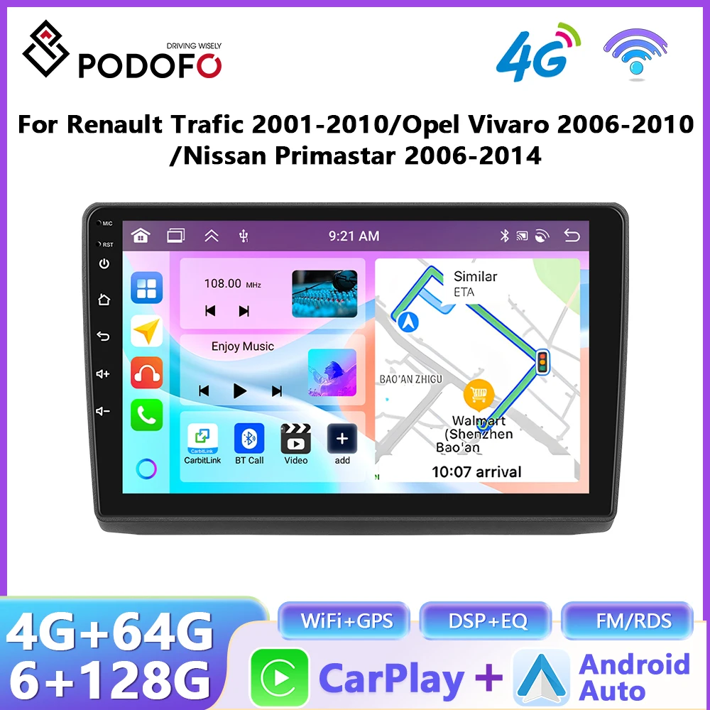 Autoradio Podofo pour Renault Trafic 2001-2010/Opel Vivaro 2006-2010/Nissan Primastar 2006-2014 CarPlay Android Auto GPS Stéréo