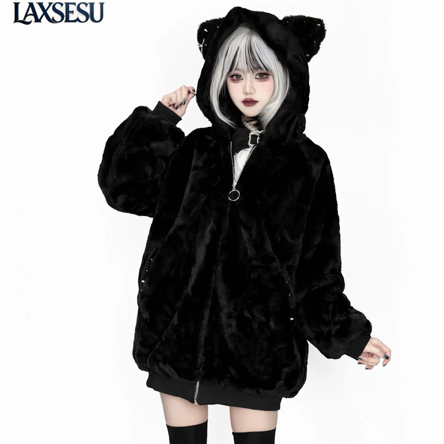 Winter New Subculture Dark Series Original Design Cute Cat Ear Plush Warm Coat Riveted Loose Casual Comfortable Coats for Women