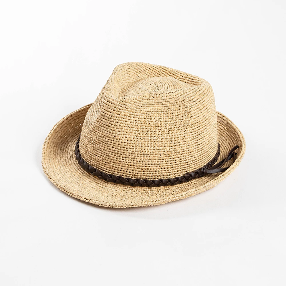 

100% Raffia straw hat fedora straw hat short brim with PU weaved belt unisex