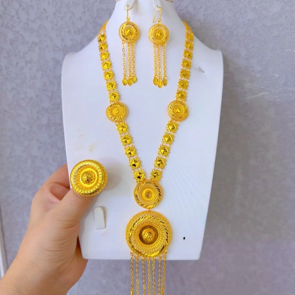Fashion Dubai 24K Gold Plated Customized Necklace Earrings Rings Wedding Christmas Gift Jewelry Set for Lovers DD10967 - view 3