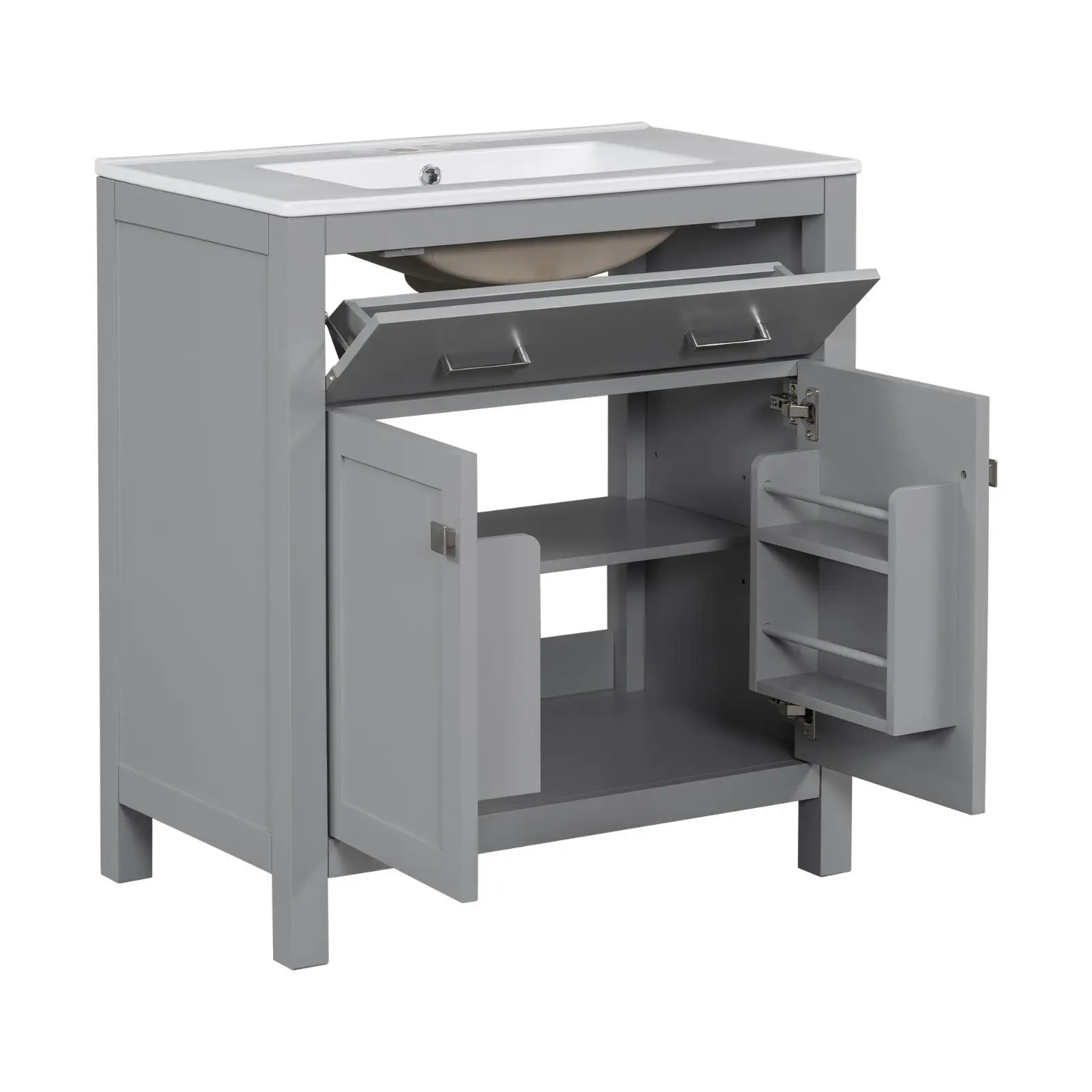 

Компактная современная тумба для ванной 30 дюймов с белой керамической раковиной и местом для хранения для небольших ванных комнат