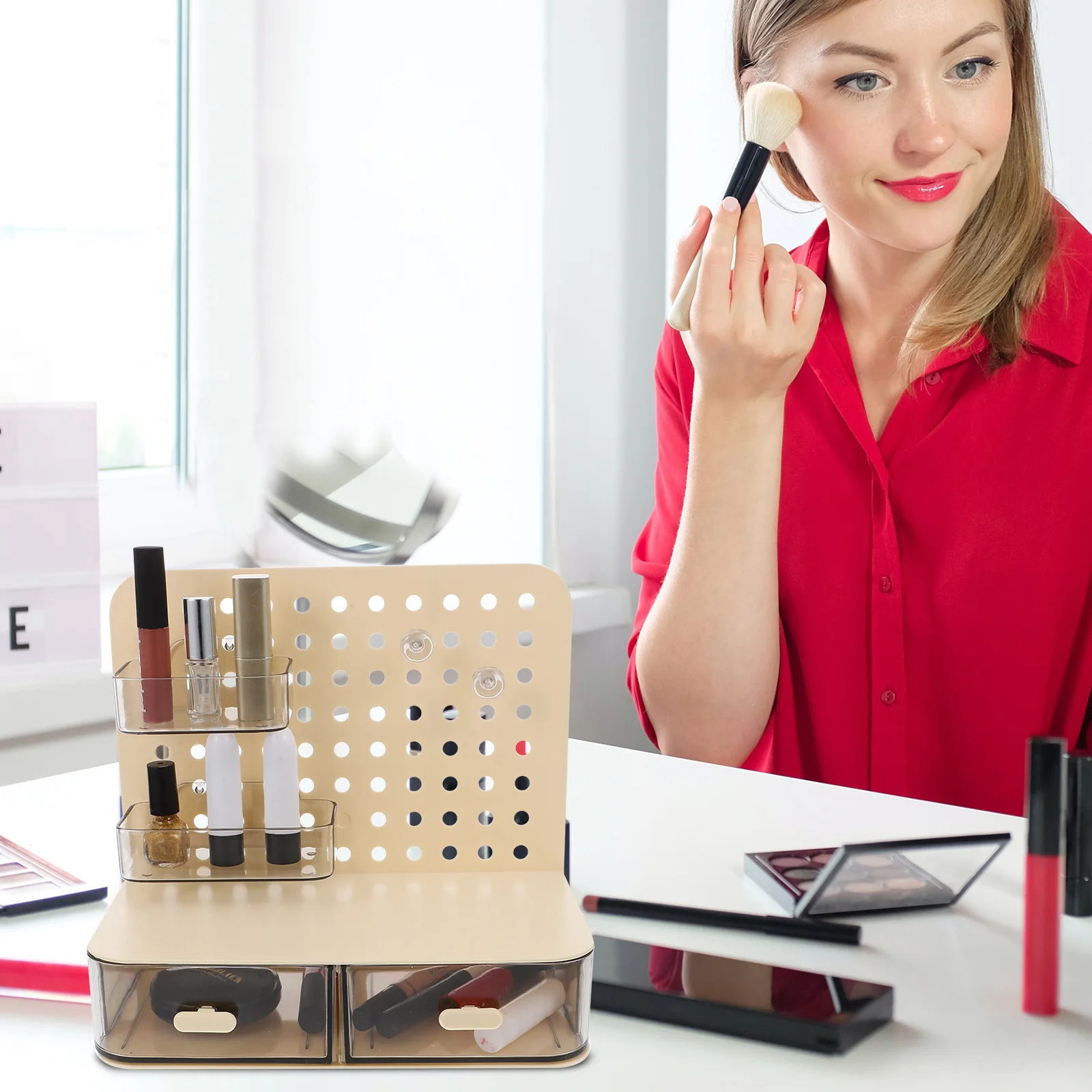 Pegboard Storage Rack Beige Plastic Desk Wall ganizer Gaming Adjustable Large Capacity Tabletop Pen Drawer Sloped Insert Design