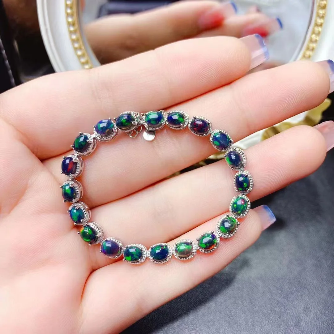 Luxury Jewelry Designer Black Opal Bracelet 925 Sterling Silver Lady Birthday Gift Bracelet for Women