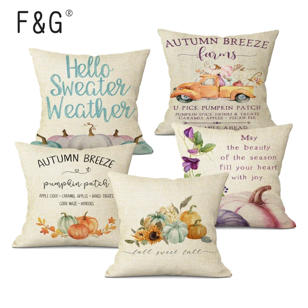 Autumn Farmhouse Pumpkin Decorative Cushion Cover Fall Art Print Pillowcase Linen Pillow Cover for Home Sofa Decor